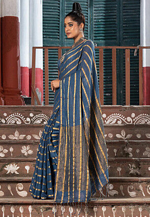 Woven Pure Linen Saree in Dusty Blue