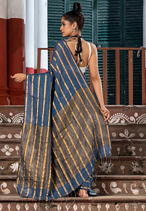 Woven Pure Linen Saree in Dusty Blue