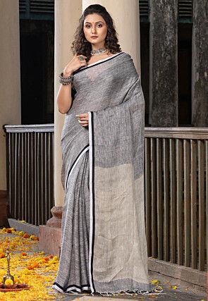 Woven Pure Linen Saree in Grey