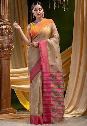 Woven Pure Linen Saree in Light Fawn