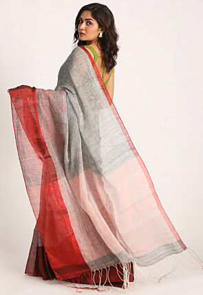Woven Pure Linen Saree in Light Grey