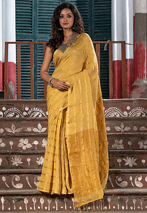 Woven Pure Linen Saree in Light Mustard