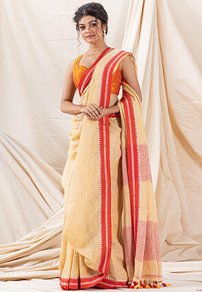 Woven Pure Linen Saree in Light Yellow