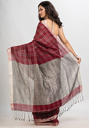 Woven Pure Linen Saree in Maroon