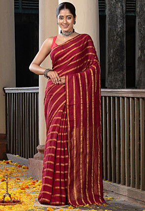 Woven Pure Linen Saree in Maroon