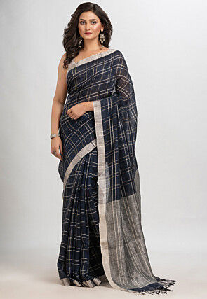Woven Pure Linen Saree in Navy Blue