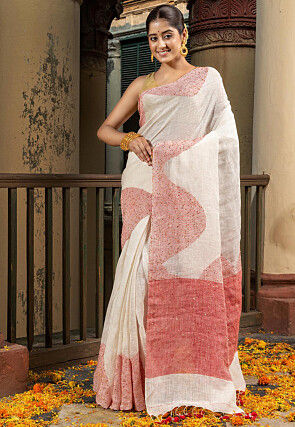 Woven Pure Linen Saree in Off White