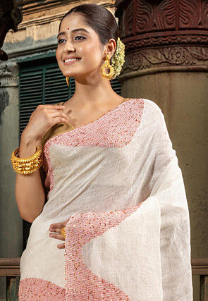 Woven Pure Linen Saree in Off White