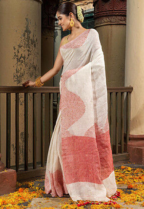 Woven Pure Linen Saree in Off White