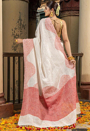 Woven Pure Linen Saree in Off White