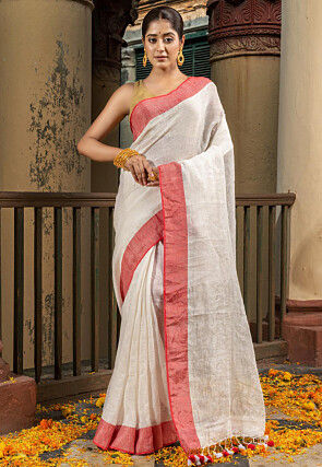 Woven Pure Linen Saree in Off White