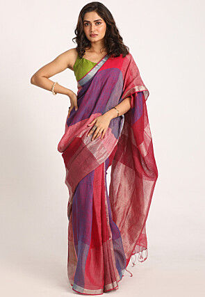 Woven Pure Linen Saree in Red and Purple