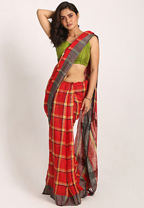 Woven Pure Linen Saree in Red