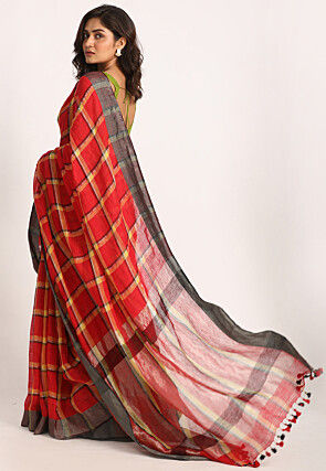 Woven Pure Linen Saree in Red