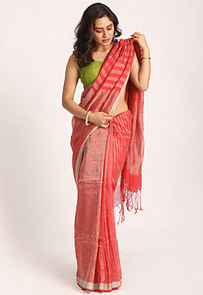 Woven Pure Linen Saree in Red