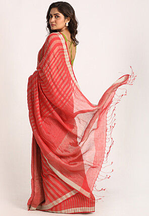 Woven Pure Linen Saree in Red
