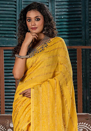 Woven Pure Linen Saree in Yellow