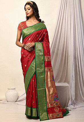 Woven Pure Paithani Silk Saree in Red
