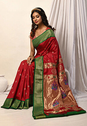 Woven Pure Paithani Silk Saree in Red
