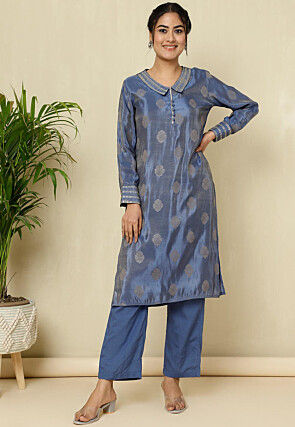 Woven Pure Silk Jacquard Co Ord Set in Dusty Blue