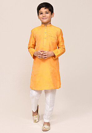 Woven Pure Silk Jacquard Kurta Set in Yellow