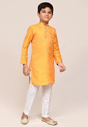 Woven Pure Silk Jacquard Kurta Set in Yellow