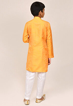 Woven Pure Silk Jacquard Kurta Set in Yellow