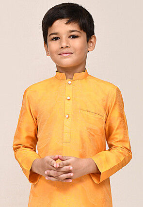 Woven Pure Silk Jacquard Kurta Set in Yellow