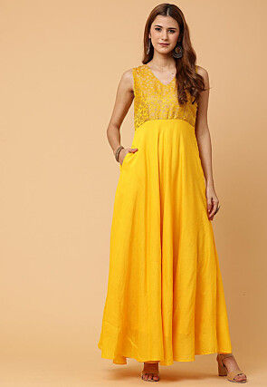 Woven Pure Silk Maxi Dress in Yellow