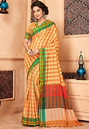 Gorgone Green Cotton Blend Checks Saree With Blouse Material