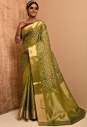 Banarasi Tussar Silk Saree in Olive Green