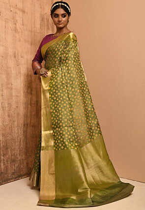 Banarasi Tussar Silk Saree in Olive Green