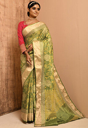 Banarasi Tussar Silk Saree in Olive Green