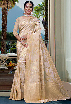 Saree in French beige Silk with Weaving UK - SR18025