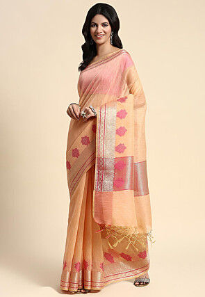 Woven Raw Silk Saree in Light Beige