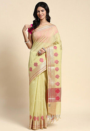 Woven Raw Silk Saree in Light Green
