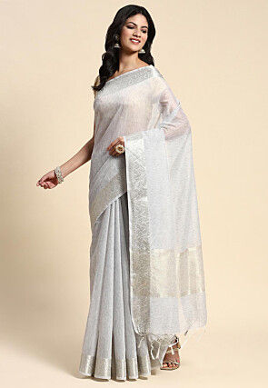 Woven Raw Silk Saree in Light Grey