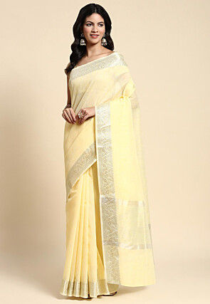 Woven Raw Silk Saree in Light Yellow