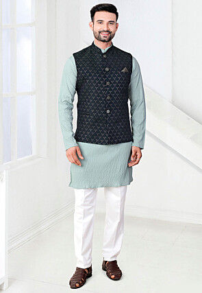 Woven Rayon Jacquard Kurta Set in Sea Green and Teal Blue