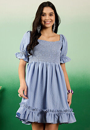 Woven Rayon Jacquard Short Dress in Sky Blue