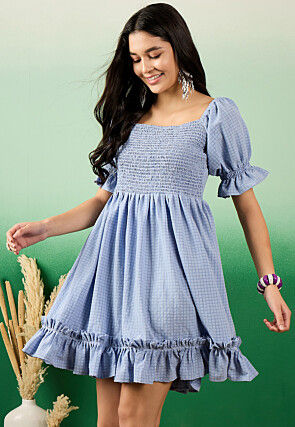 Woven Rayon Jacquard Short Dress in Sky Blue