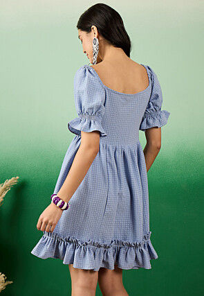 Woven Rayon Jacquard Short Dress in Sky Blue
