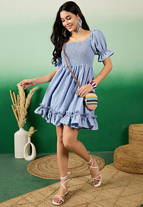 Woven Rayon Jacquard Short Dress in Sky Blue