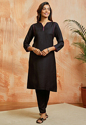 Woven Rayon Jacquard Straight Kurta Set in Black