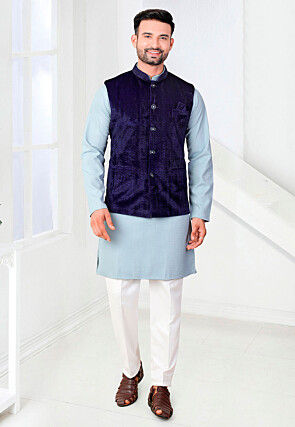 Woven Rayon Kurta Set in Blue
