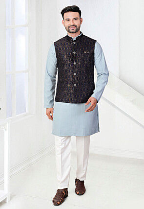 Woven Rayon Kurta Set in Blue