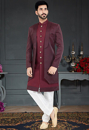 Woven Rayon Sherwani in Maroon