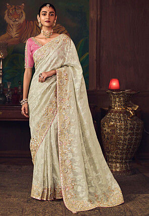 Woven Art Silk Jacquard Saree in Off White