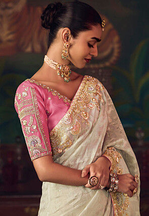 Woven Art Silk Jacquard Saree in Off White