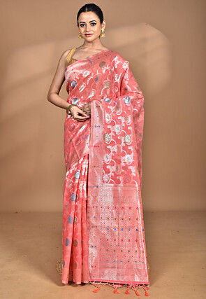 Woven Chanderi Silk Saree in Peach